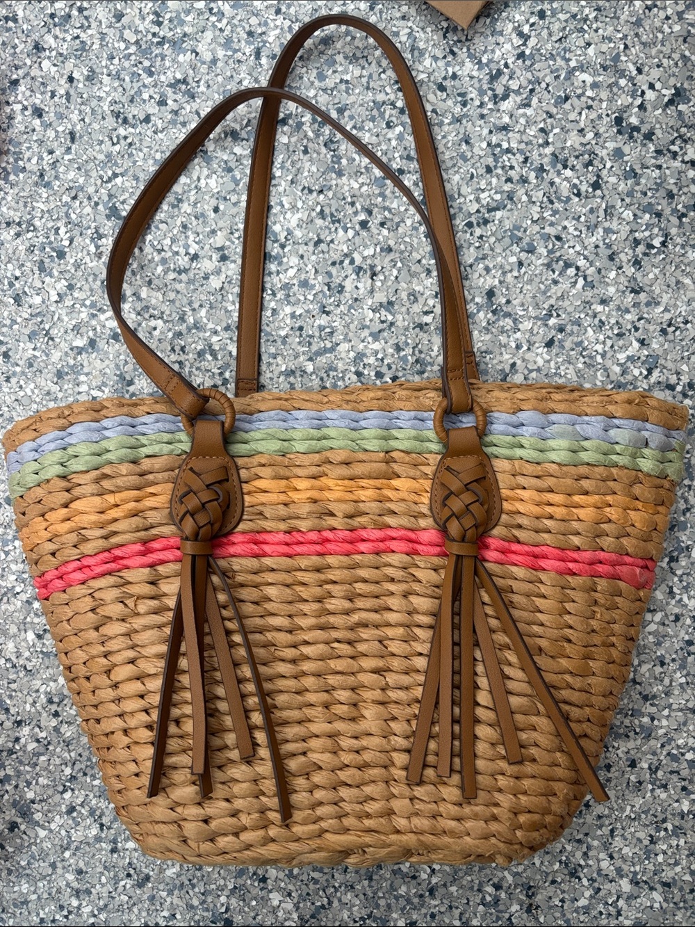 Woven Straw Tote Bag with Color Stripe Accents